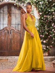 Maxi Robe de Bal Appliquée avec Corset en Tulle et Dentelle à Col Licou Souci