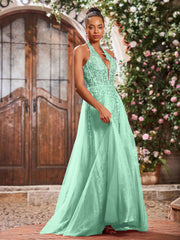 Maxi Robe de Bal Appliquée avec Corset en Tulle et Dentelle à Col Licou Vert Menthe