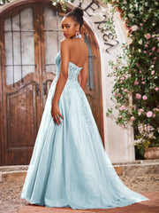 Maxi Robe de Bal Appliquée avec Corset en Tulle et Dentelle à Col Licou Brume