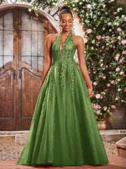 Maxi Robe de Bal Appliquée avec Corset en Tulle et Dentelle à Col Licou Mousse