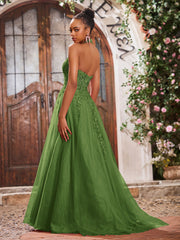 Maxi Robe de Bal Appliquée avec Corset en Tulle et Dentelle à Col Licou Mousse