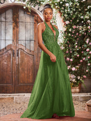 Maxi Robe de Bal Appliquée avec Corset en Tulle et Dentelle à Col Licou Mousse