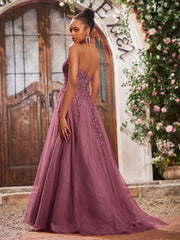 Maxi Robe de Bal Appliquée avec Corset en Tulle et Dentelle à Col Licou Mûre