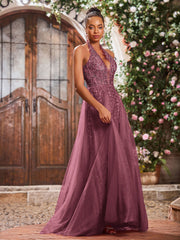 Maxi Robe de Bal Appliquée avec Corset en Tulle et Dentelle à Col Licou Mûre