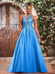 Maxi Robe de Bal Appliquée avec Corset en Tulle et Dentelle à Col Licou Bleu Océan