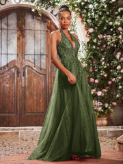 Maxi Robe de Bal Appliquée avec Corset en Tulle et Dentelle à Col Licou Olive Verte