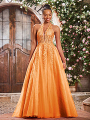 Maxi Robe de Bal Appliquée avec Corset en Tulle et Dentelle à Col Licou Orange