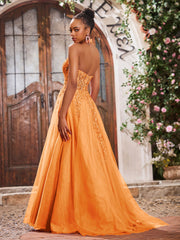 Maxi Robe de Bal Appliquée avec Corset en Tulle et Dentelle à Col Licou Orange