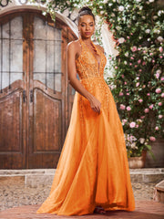 Maxi Robe de Bal Appliquée avec Corset en Tulle et Dentelle à Col Licou Orange