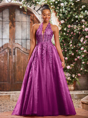 Maxi Robe de Bal Appliquée avec Corset en Tulle et Dentelle à Col Licou Orchidée
