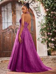 Maxi Robe de Bal Appliquée avec Corset en Tulle et Dentelle à Col Licou Orchidée