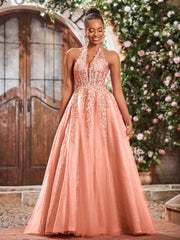 Maxi Robe de Bal Appliquée avec Corset en Tulle et Dentelle à Col Licou Papaye