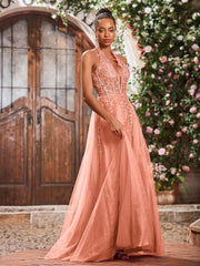 Maxi Robe de Bal Appliquée avec Corset en Tulle et Dentelle à Col Licou Papaye