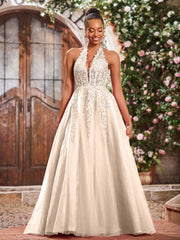 Maxi Robe de Bal Appliquée avec Corset en Tulle et Dentelle à Col Licou Pêche