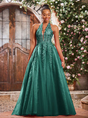 Maxi Robe de Bal Appliquée avec Corset en Tulle et Dentelle à Col Licou Paon