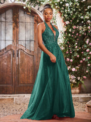 Maxi Robe de Bal Appliquée avec Corset en Tulle et Dentelle à Col Licou Paon