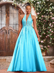 Maxi Robe de Bal Appliquée avec Corset en Tulle et Dentelle à Col Licou Piscine