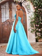 Maxi Robe de Bal Appliquée avec Corset en Tulle et Dentelle à Col Licou Piscine