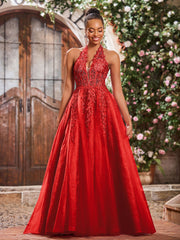 Maxi Robe de Bal Appliquée avec Corset en Tulle et Dentelle à Col Licou Rouge