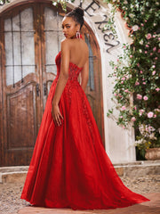 Maxi Robe de Bal Appliquée avec Corset en Tulle et Dentelle à Col Licou Rouge