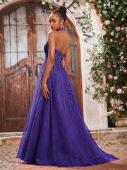 Maxi Robe de Bal Appliquée avec Corset en Tulle et Dentelle à Col Licou Régence