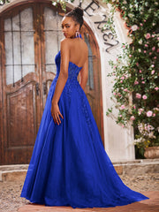 Maxi Robe de Bal Appliquée avec Corset en Tulle et Dentelle à Col Licou Bleu Royale