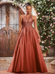 Maxi Robe de Bal Appliquée avec Corset en Tulle et Dentelle à Col Licou Rouille