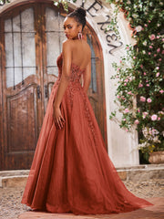 Maxi Robe de Bal Appliquée avec Corset en Tulle et Dentelle à Col Licou Rouille