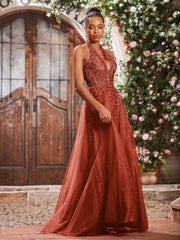 Maxi Robe de Bal Appliquée avec Corset en Tulle et Dentelle à Col Licou Rouille