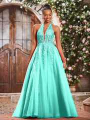 Maxi Robe de Bal Appliquée avec Corset en Tulle et Dentelle à Col Licou Spa