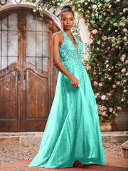 Maxi Robe de Bal Appliquée avec Corset en Tulle et Dentelle à Col Licou Spa