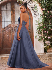 Maxi Robe de Bal Appliquée avec Corset en Tulle et Dentelle à Col Licou Orageux