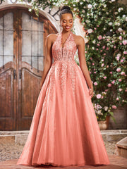 Maxi Robe de Bal Appliquée avec Corset en Tulle et Dentelle à Col Licou Sunset