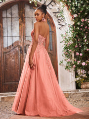 Maxi Robe de Bal Appliquée avec Corset en Tulle et Dentelle à Col Licou Sunset