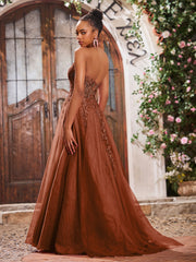 Maxi Robe de Bal Appliquée avec Corset en Tulle et Dentelle à Col Licou Terracotta