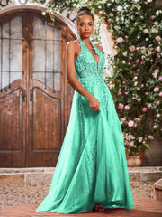 Maxi Robe de Bal Appliquée avec Corset en Tulle et Dentelle à Col Licou Turquoise