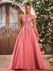 Maxi Robe de Bal Appliquée avec Corset en Tulle et Dentelle à Col Licou Pastèque