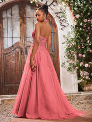 Maxi Robe de Bal Appliquée avec Corset en Tulle et Dentelle à Col Licou Pastèque