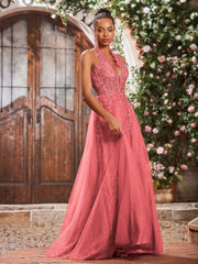 Maxi Robe de Bal Appliquée avec Corset en Tulle et Dentelle à Col Licou Pastèque
