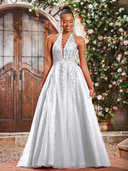 Maxi Robe de Bal Appliquée avec Corset en Tulle et Dentelle à Col Licou Blanc