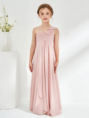 Robes de Demoiselle d'Honneur Junior à Une Épaule avec Volants Rose Poudré