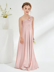 Robes de Demoiselle d'Honneur Junior à Une Épaule avec Volants Rose Poudré
