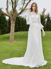 Robe de Mariée Perlée en Dentelle avec Manches 3/4 Ivoire