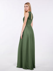 Col d'Illusion Pleine Longueur Robe Demoiselle d'honneur Olive Verte
