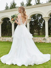 Robe de Mariée Appliquée Sans Manches en Tulle à Col en V Ivoire