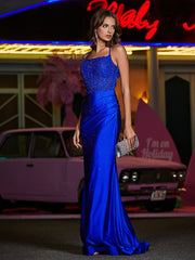 Robe Appliquée en Jersey à Col Carré avec Traîne Balayage Bleu Royale Grande Taille