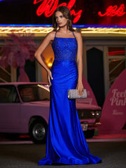Robe Appliquée en Jersey à Col Carré avec Traîne Balayage Bleu Royale Grande Taille
