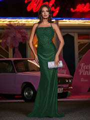 Robe Appliquée en Jersey à Col Carré avec Traîne Balayage Vert Foncé Grande Taille