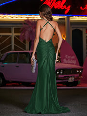Robe Appliquée en Jersey à Col Carré avec Traîne Balayage Vert Foncé Grande Taille