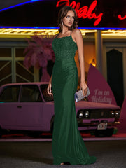 Robe Appliquée en Jersey à Col Carré avec Traîne Balayage Vert Foncé Grande Taille